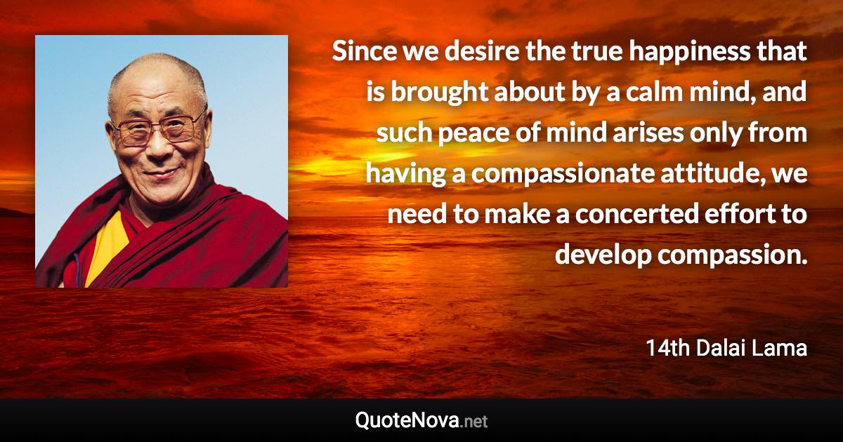 Since we desire the true happiness that is brought about by a calm mind, and such peace of mind arises only from having a compassionate attitude, we need to make a concerted effort to develop compassion. - 14th Dalai Lama quote