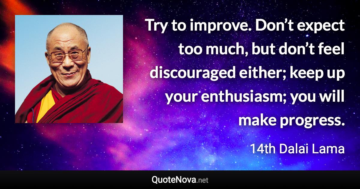 Try to improve. Don’t expect too much, but don’t feel discouraged either; keep up your enthusiasm; you will make progress. - 14th Dalai Lama quote