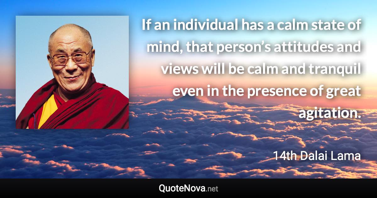 If an individual has a calm state of mind, that person’s attitudes and views will be calm and tranquil even in the presence of great agitation. - 14th Dalai Lama quote