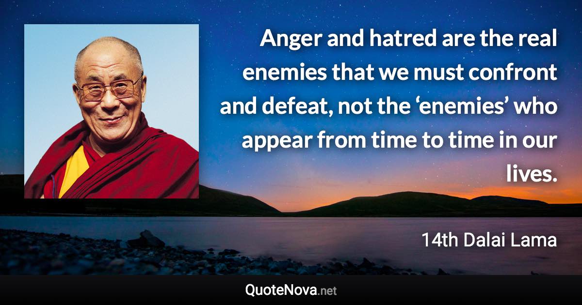 Anger and hatred are the real enemies that we must confront and defeat, not the ‘enemies’ who appear from time to time in our lives. - 14th Dalai Lama quote