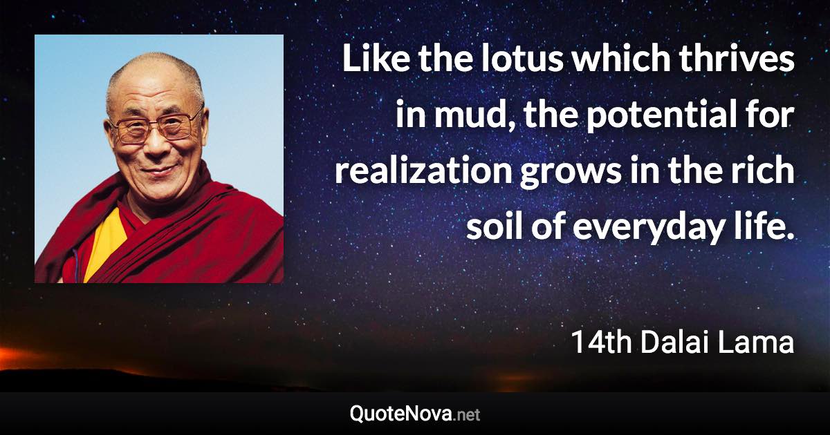 Like the lotus which thrives in mud, the potential for realization grows in the rich soil of everyday life. - 14th Dalai Lama quote