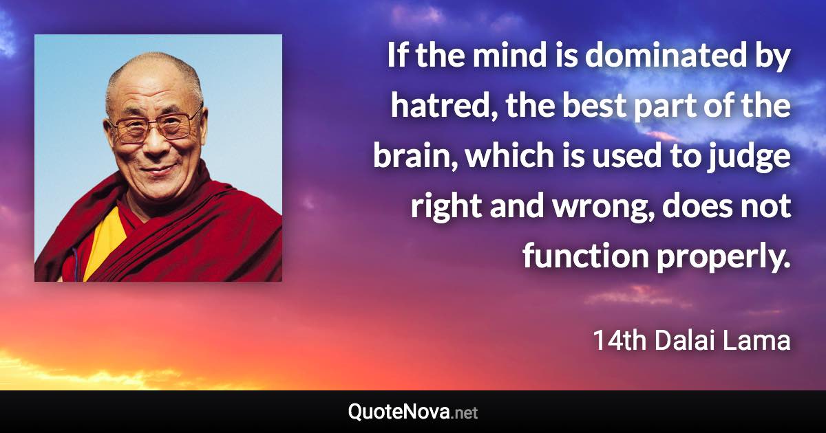 If the mind is dominated by hatred, the best part of the brain, which is used to judge right and wrong, does not function properly. - 14th Dalai Lama quote