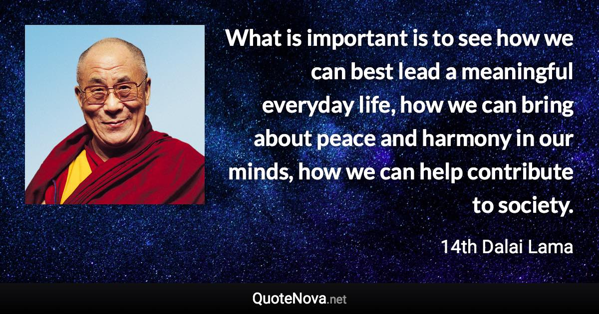 What is important is to see how we can best lead a meaningful everyday life, how we can bring about peace and harmony in our minds, how we can help contribute to society. - 14th Dalai Lama quote