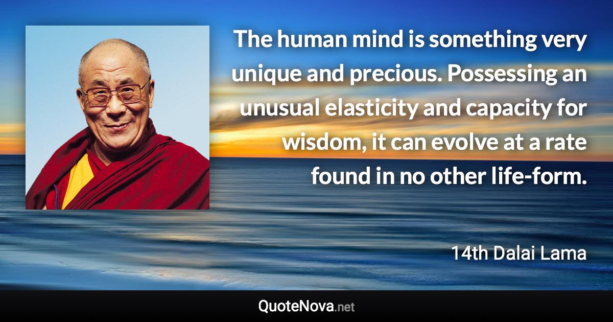 The human mind is something very unique and precious. Possessing an unusual elasticity and capacity for wisdom, it can evolve at a rate found in no other life-form. - 14th Dalai Lama quote