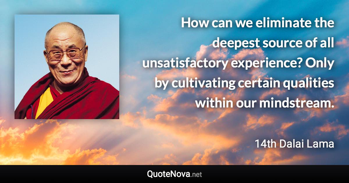How can we eliminate the deepest source of all unsatisfactory experience? Only by cultivating certain qualities within our mindstream. - 14th Dalai Lama quote