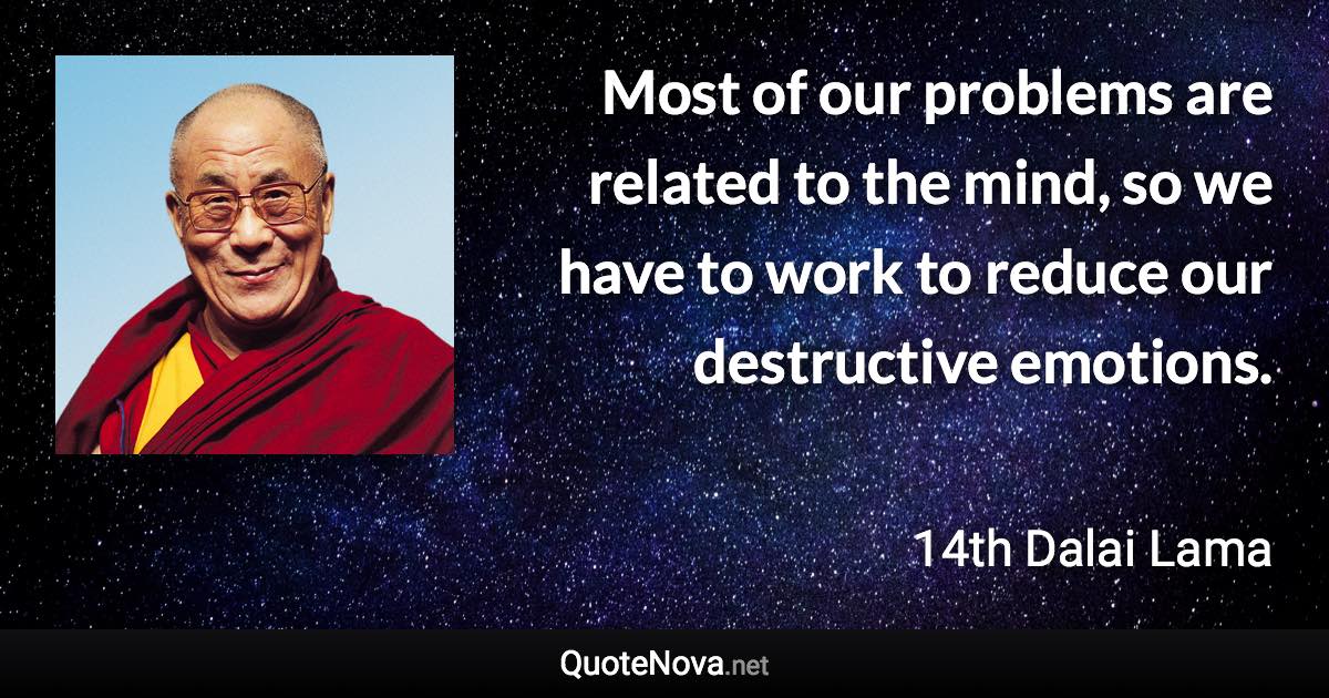 Most of our problems are related to the mind, so we have to work to reduce our destructive emotions. - 14th Dalai Lama quote