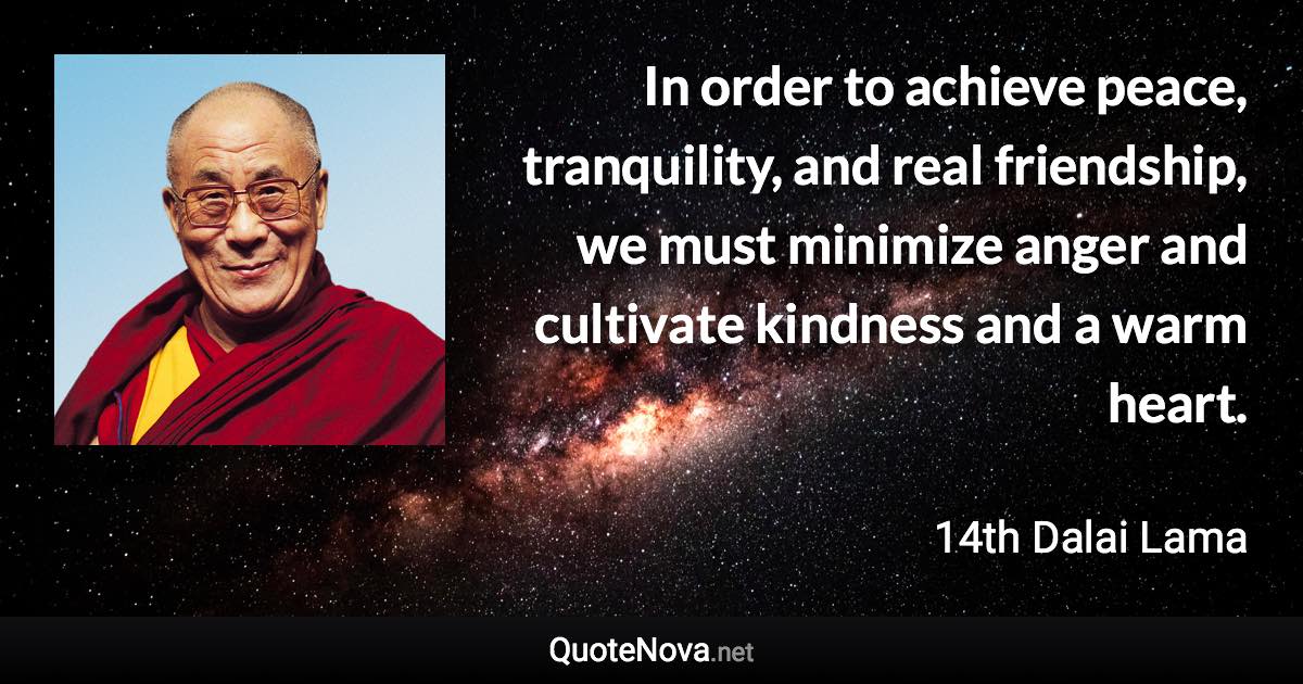 In order to achieve peace, tranquility, and real friendship, we must minimize anger and cultivate kindness and a warm heart. - 14th Dalai Lama quote