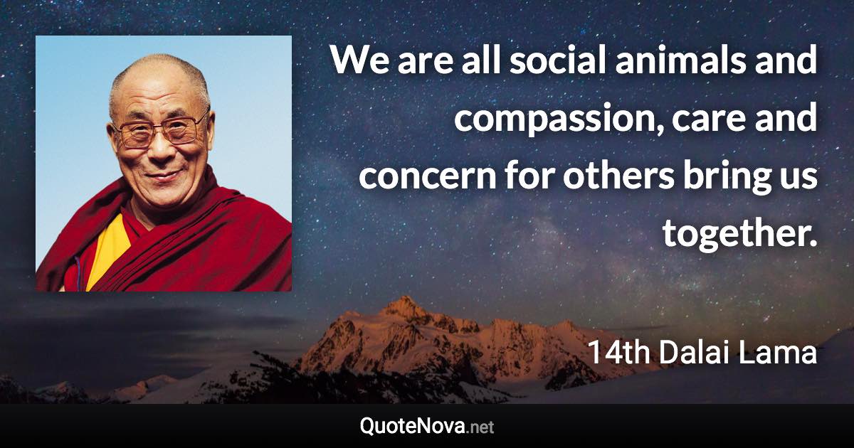 We are all social animals and compassion, care and concern for others bring us together. - 14th Dalai Lama quote