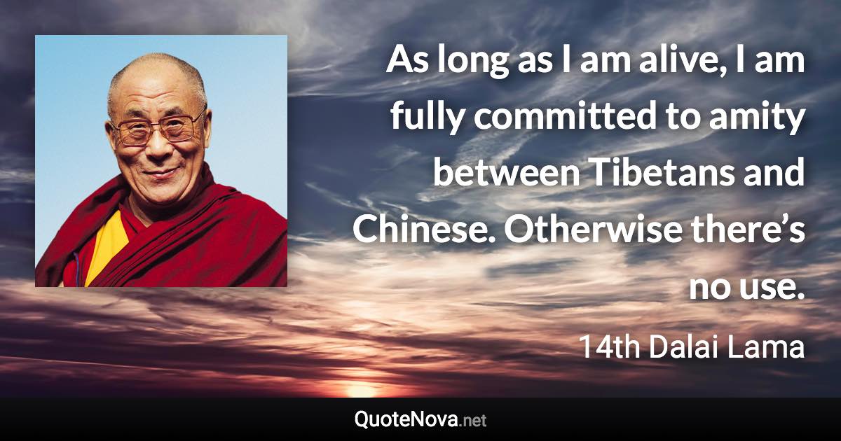 As long as I am alive, I am fully committed to amity between Tibetans and Chinese. Otherwise there’s no use. - 14th Dalai Lama quote