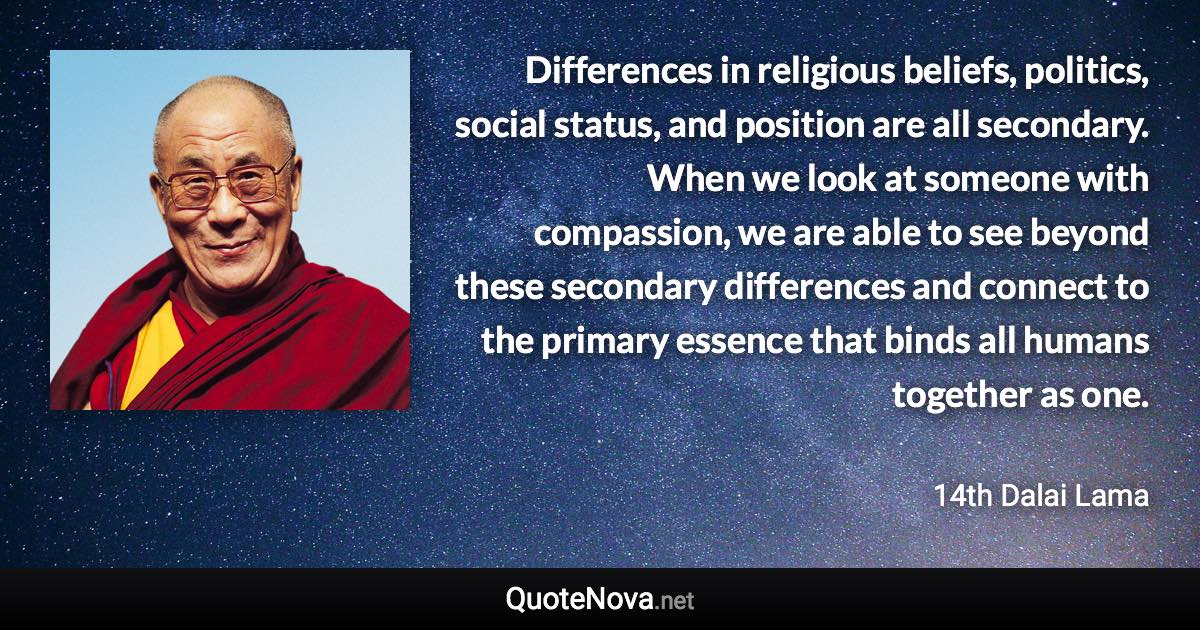 Differences in religious beliefs, politics, social status, and position are all secondary. When we look at someone with compassion, we are able to see beyond these secondary differences and connect to the primary essence that binds all humans together as one. - 14th Dalai Lama quote