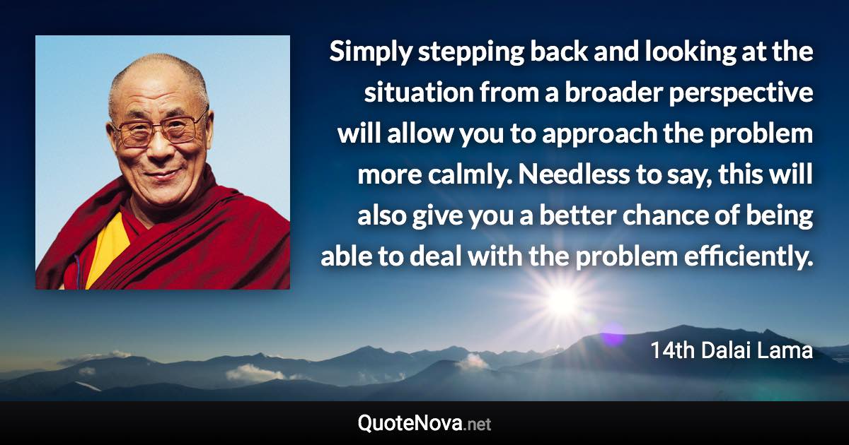 Simply stepping back and looking at the situation from a broader perspective will allow you to approach the problem more calmly. Needless to say, this will also give you a better chance of being able to deal with the problem efficiently. - 14th Dalai Lama quote