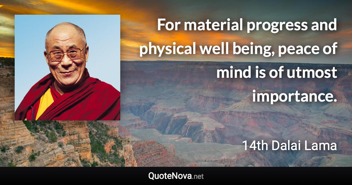 For material progress and physical well being, peace of mind is of utmost importance. - 14th Dalai Lama quote