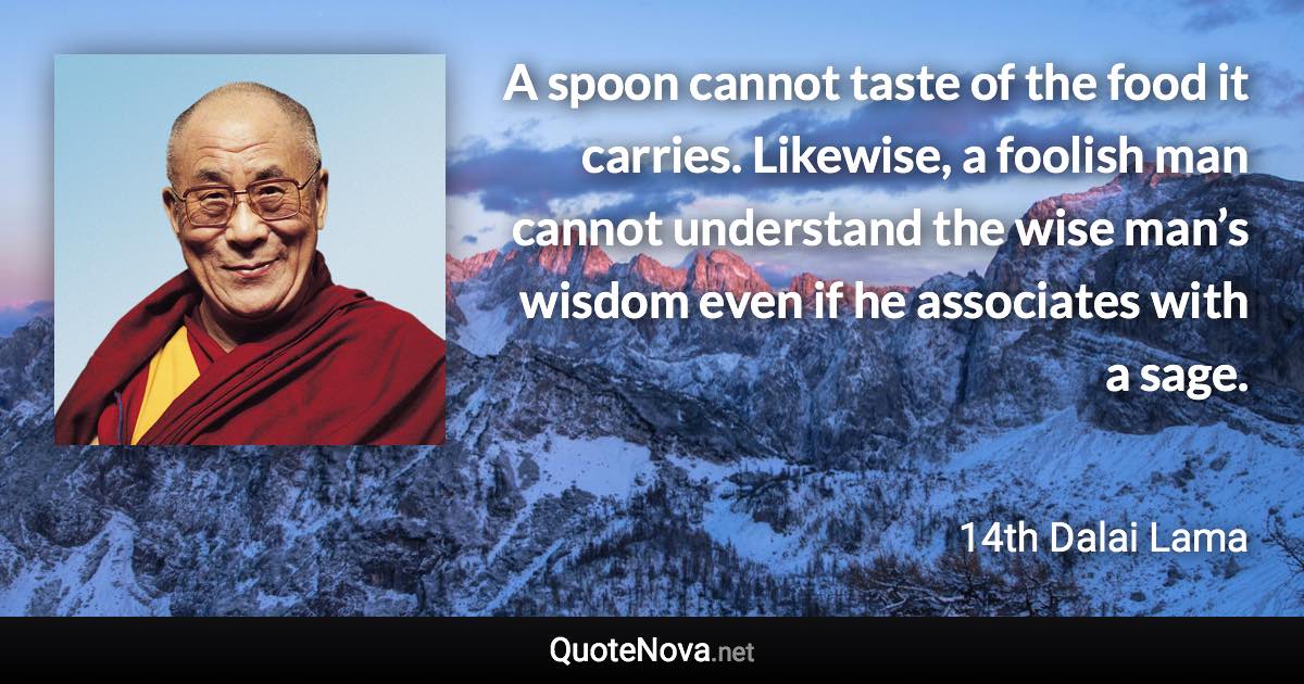 A spoon cannot taste of the food it carries. Likewise, a foolish man cannot understand the wise man’s wisdom even if he associates with a sage. - 14th Dalai Lama quote