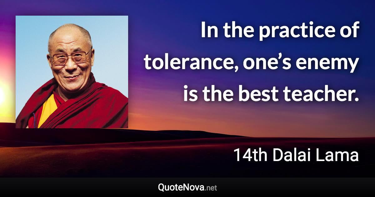 In the practice of tolerance, one’s enemy is the best teacher. - 14th Dalai Lama quote