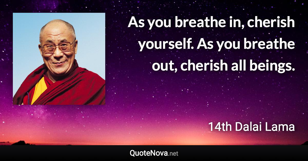 As you breathe in, cherish yourself. As you breathe out, cherish all beings. - 14th Dalai Lama quote