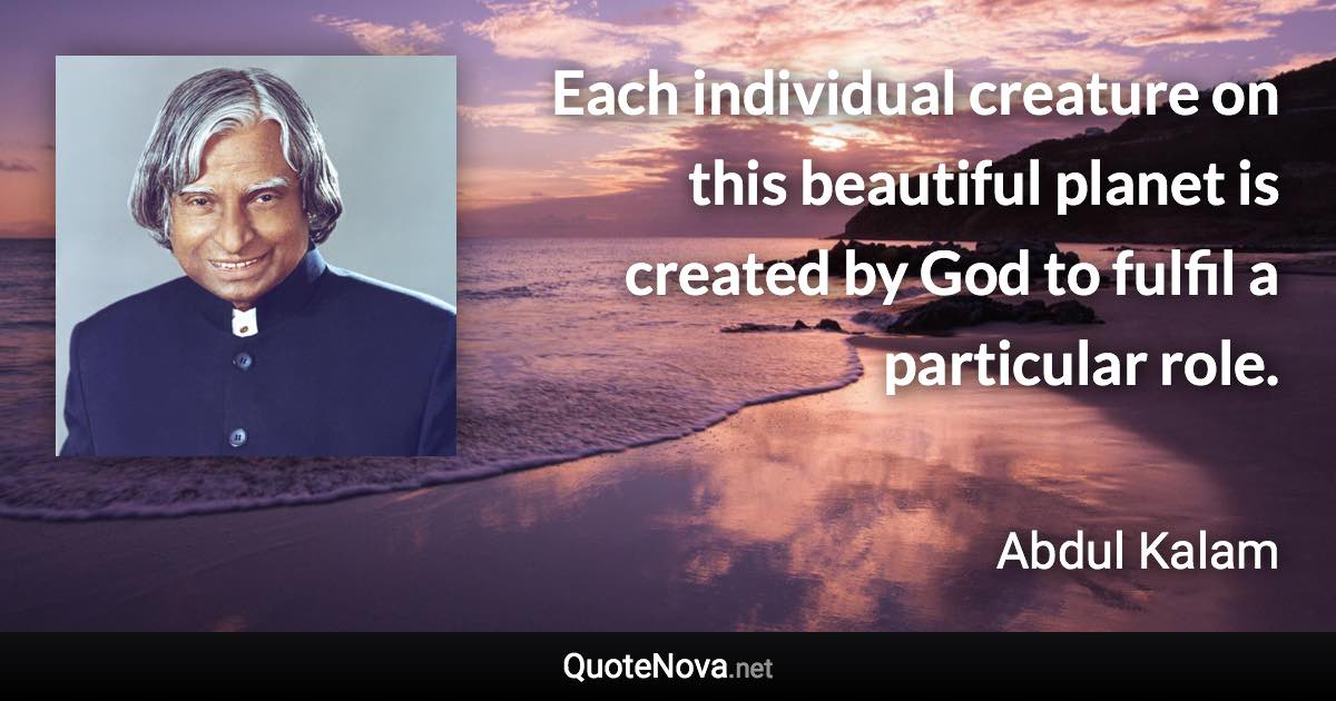 Each individual creature on this beautiful planet is created by God to fulfil a particular role. - Abdul Kalam quote