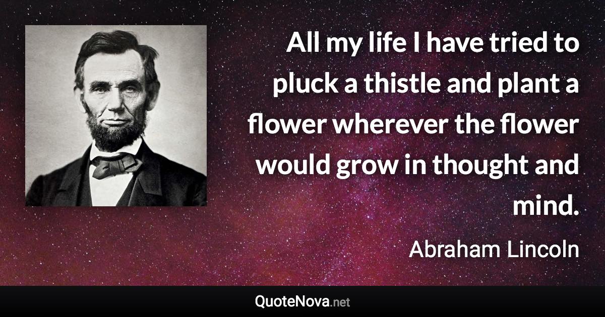 All my life I have tried to pluck a thistle and plant a flower wherever the flower would grow in thought and mind. - Abraham Lincoln quote