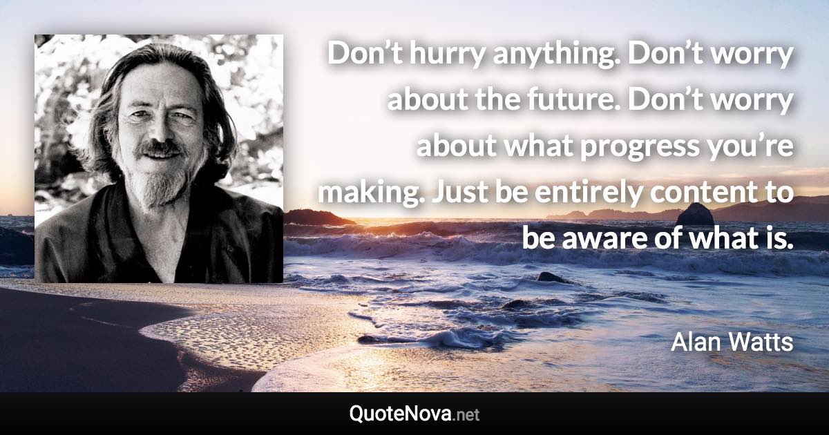 Don’t hurry anything. Don’t worry about the future. Don’t worry about what progress you’re making. Just be entirely content to be aware of what is. - Alan Watts quote