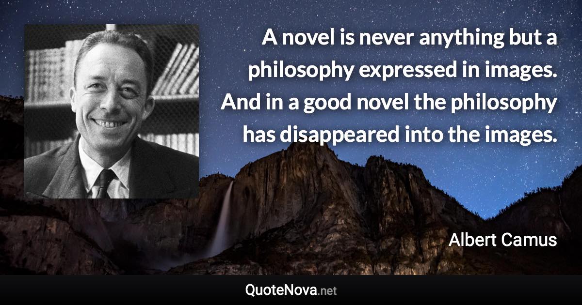 A novel is never anything but a philosophy expressed in images. And in a good novel the philosophy has disappeared into the images. - Albert Camus quote