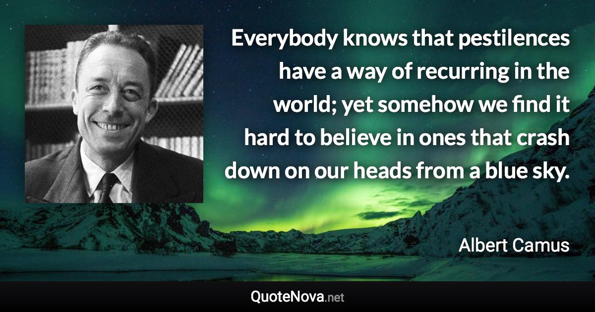 Everybody knows that pestilences have a way of recurring in the world; yet somehow we find it hard to believe in ones that crash down on our heads from a blue sky. - Albert Camus quote