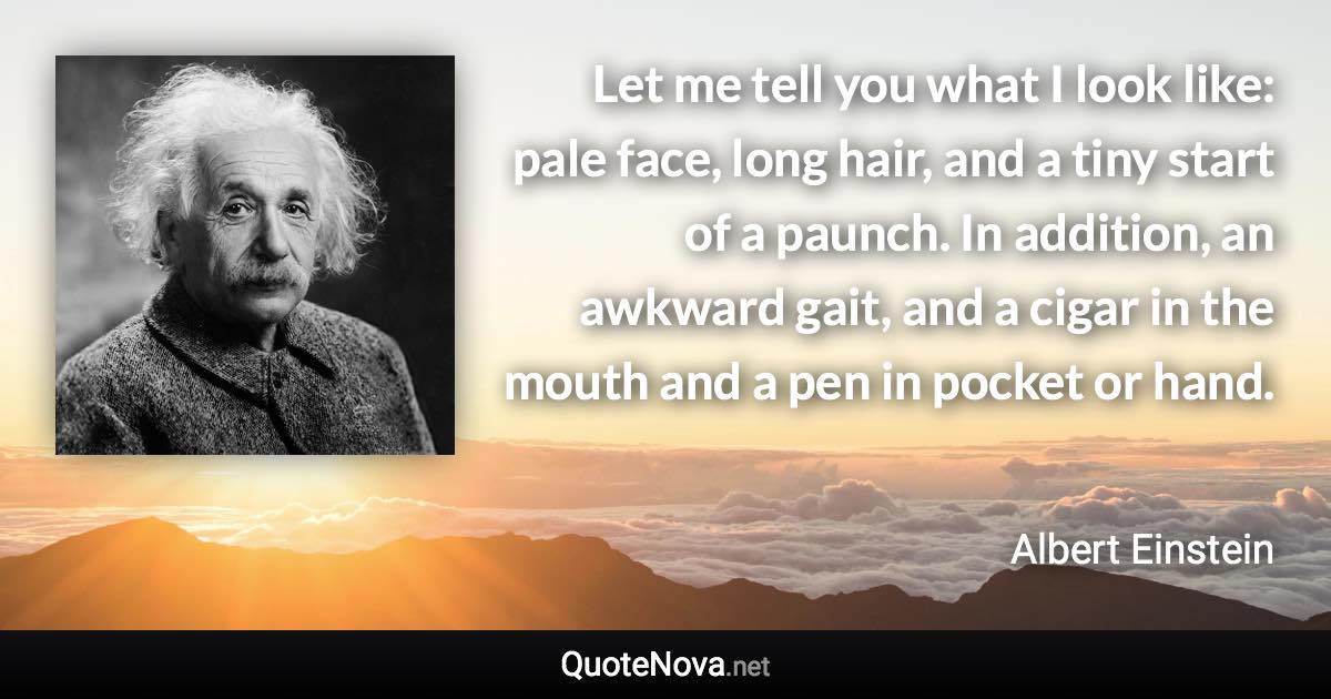 Let me tell you what I look like: pale face, long hair, and a tiny start of a paunch. In addition, an awkward gait, and a cigar in the mouth and a pen in pocket or hand. - Albert Einstein quote