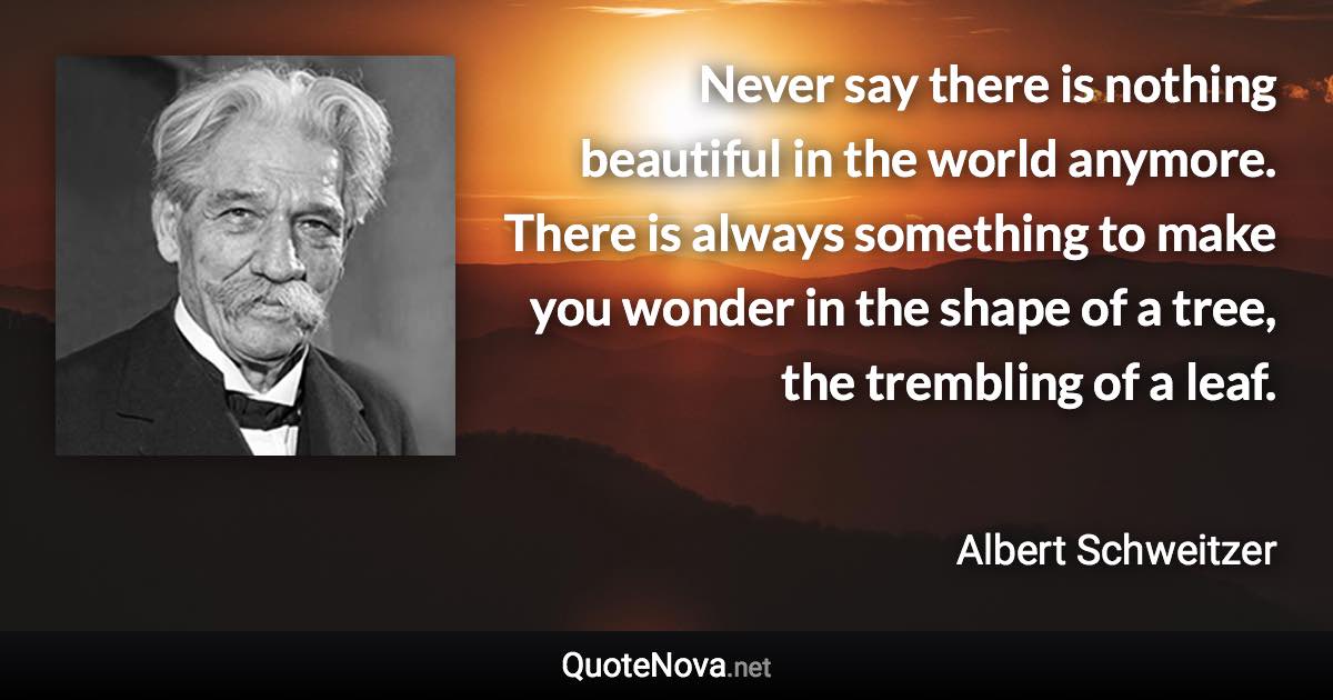 Never say there is nothing beautiful in the world anymore. There is always something to make you wonder in the shape of a tree, the trembling of a leaf. - Albert Schweitzer quote