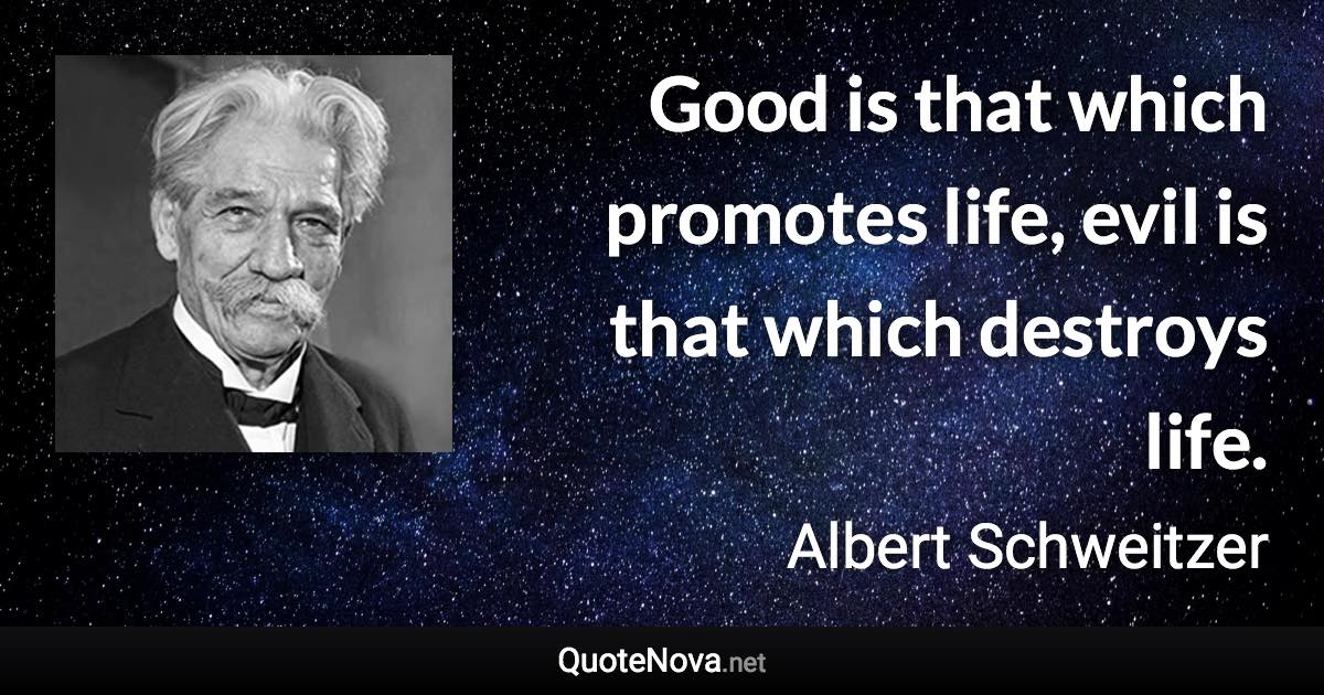 Good is that which promotes life, evil is that which destroys life. - Albert Schweitzer quote