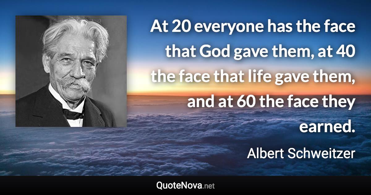 At 20 everyone has the face that God gave them, at 40 the face that life gave them, and at 60 the face they earned. - Albert Schweitzer quote