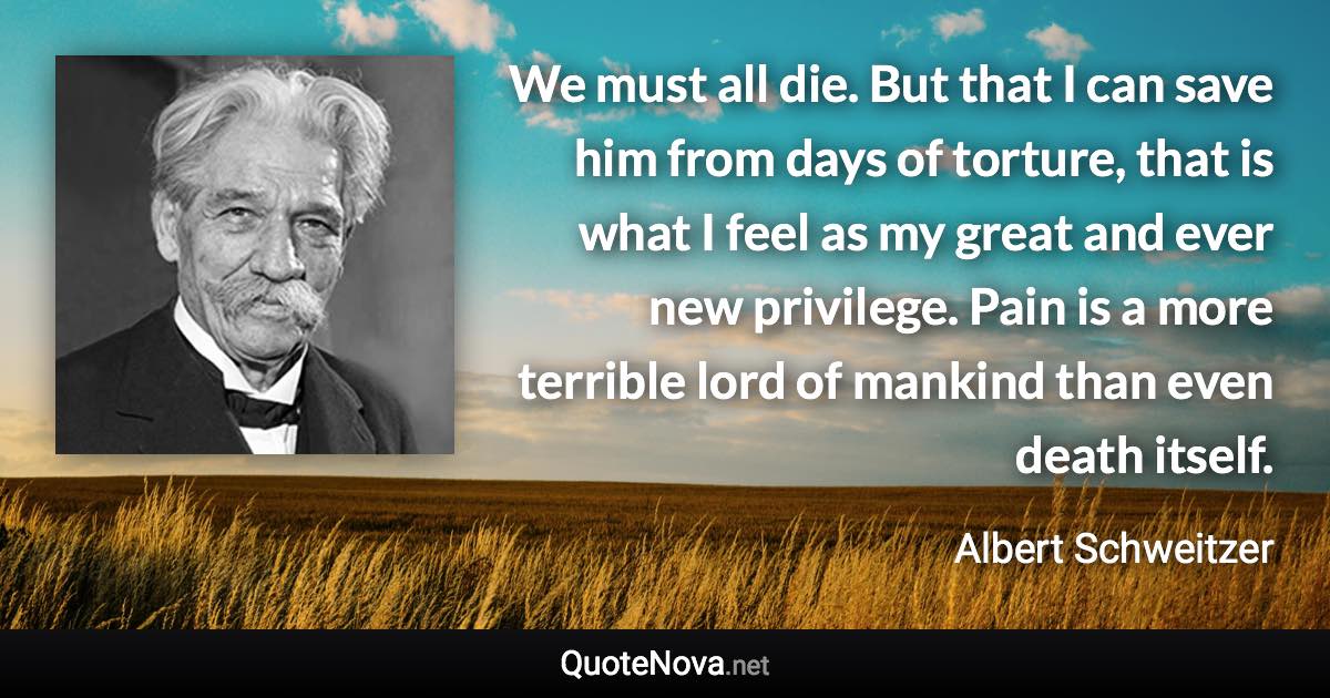 We must all die. But that I can save him from days of torture, that is what I feel as my great and ever new privilege. Pain is a more terrible lord of mankind than even death itself. - Albert Schweitzer quote