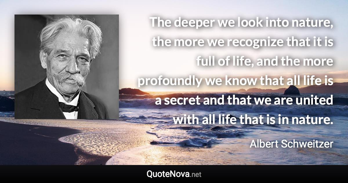 The deeper we look into nature, the more we recognize that it is full of life, and the more profoundly we know that all life is a secret and that we are united with all life that is in nature. - Albert Schweitzer quote