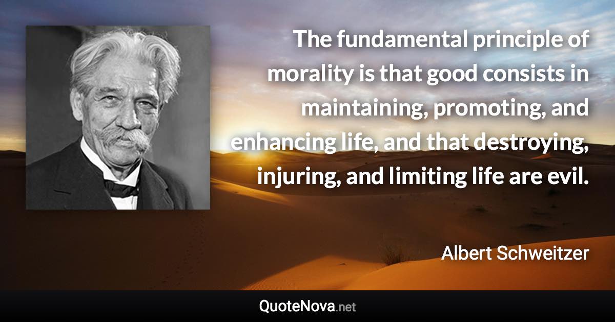 The fundamental principle of morality is that good consists in maintaining, promoting, and enhancing life, and that destroying, injuring, and limiting life are evil. - Albert Schweitzer quote