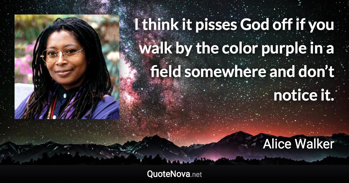 I think it pisses God off if you walk by the color purple in a field somewhere and don’t notice it. - Alice Walker quote