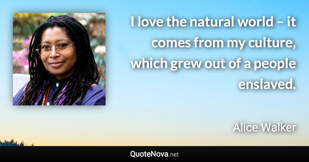 I love the natural world – it comes from my culture, which grew out of a people enslaved. - Alice Walker quote