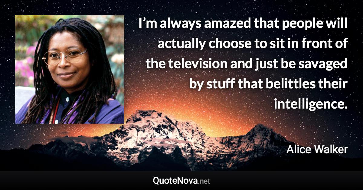 I’m always amazed that people will actually choose to sit in front of the television and just be savaged by stuff that belittles their intelligence. - Alice Walker quote