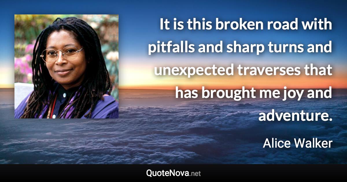 It is this broken road with pitfalls and sharp turns and unexpected traverses that has brought me joy and adventure. - Alice Walker quote