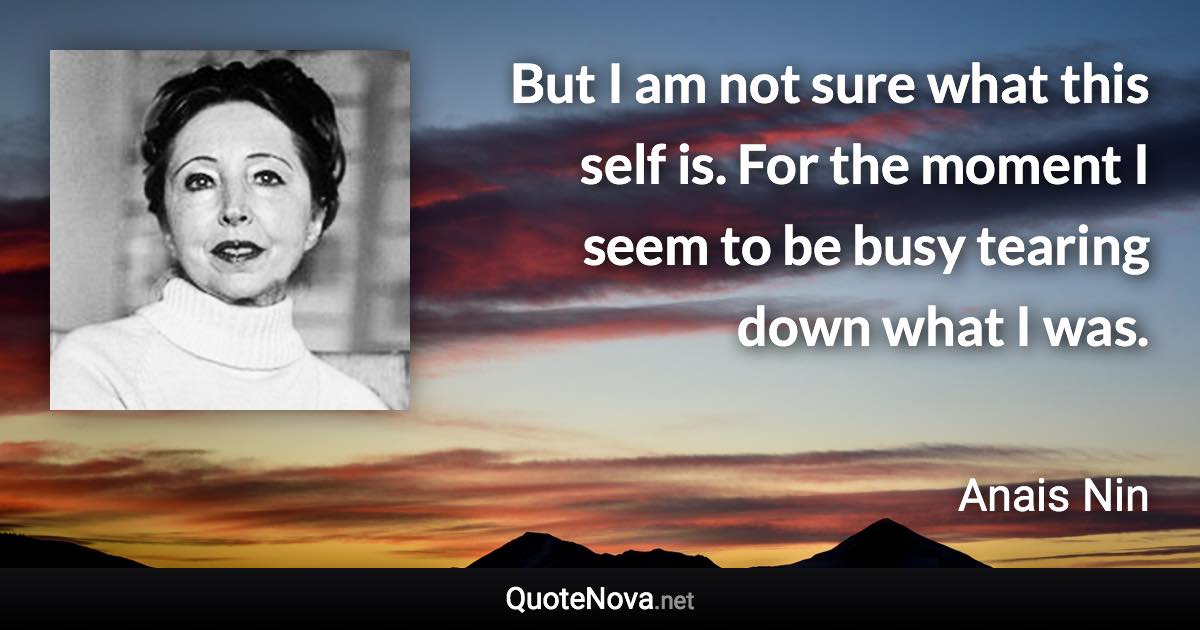 But I am not sure what this self is. For the moment I seem to be busy tearing down what I was. - Anais Nin quote