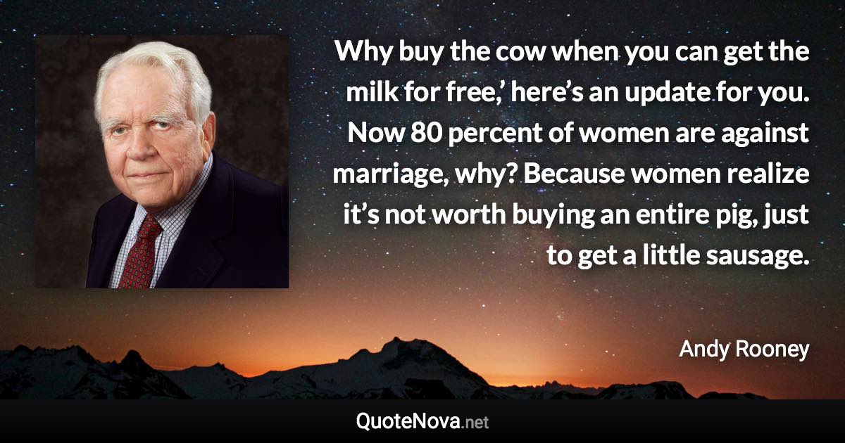 Why buy the cow when you can get the milk for free,’ here’s an update for you. Now 80 percent of women are against marriage, why? Because women realize it’s not worth buying an entire pig, just to get a little sausage. - Andy Rooney quote