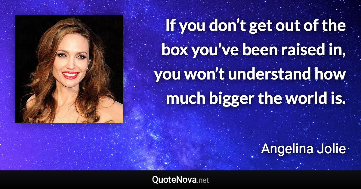 If you don’t get out of the box you’ve been raised in, you won’t understand how much bigger the world is. - Angelina Jolie quote