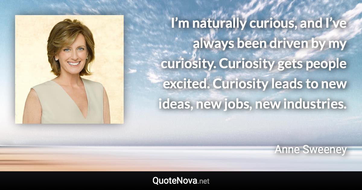 I’m naturally curious, and I’ve always been driven by my curiosity. Curiosity gets people excited. Curiosity leads to new ideas, new jobs, new industries. - Anne Sweeney quote