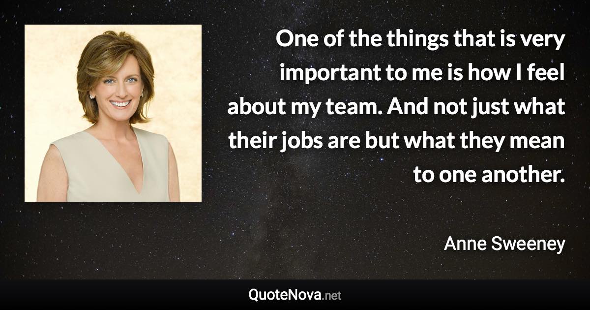 One of the things that is very important to me is how I feel about my team. And not just what their jobs are but what they mean to one another. - Anne Sweeney quote