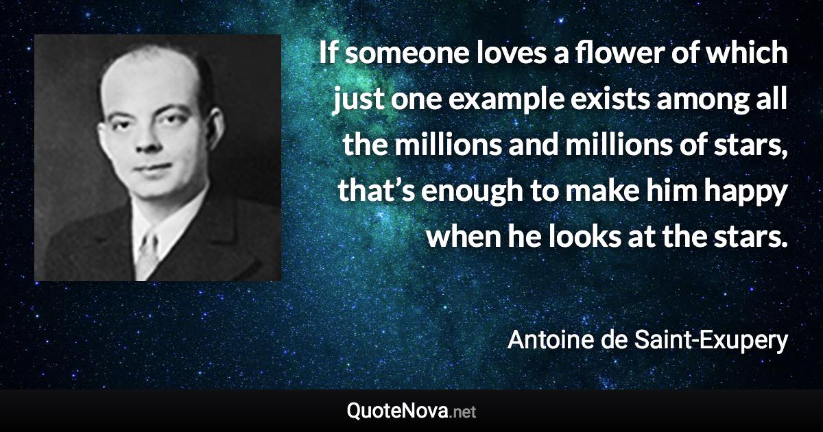 If someone loves a flower of which just one example exists among all the millions and millions of stars, that’s enough to make him happy when he looks at the stars. - Antoine de Saint-Exupery quote