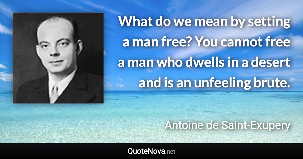 What do we mean by setting a man free? You cannot free a man who dwells in a desert and is an unfeeling brute. - Antoine de Saint-Exupery quote