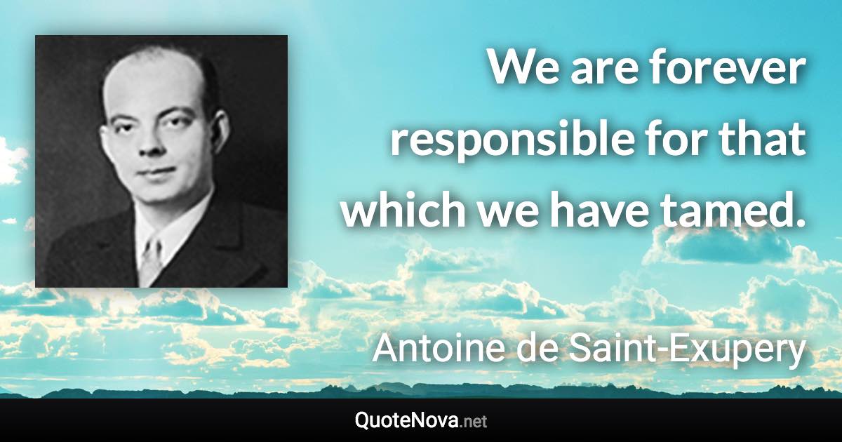 We are forever responsible for that which we have tamed. - Antoine de Saint-Exupery quote