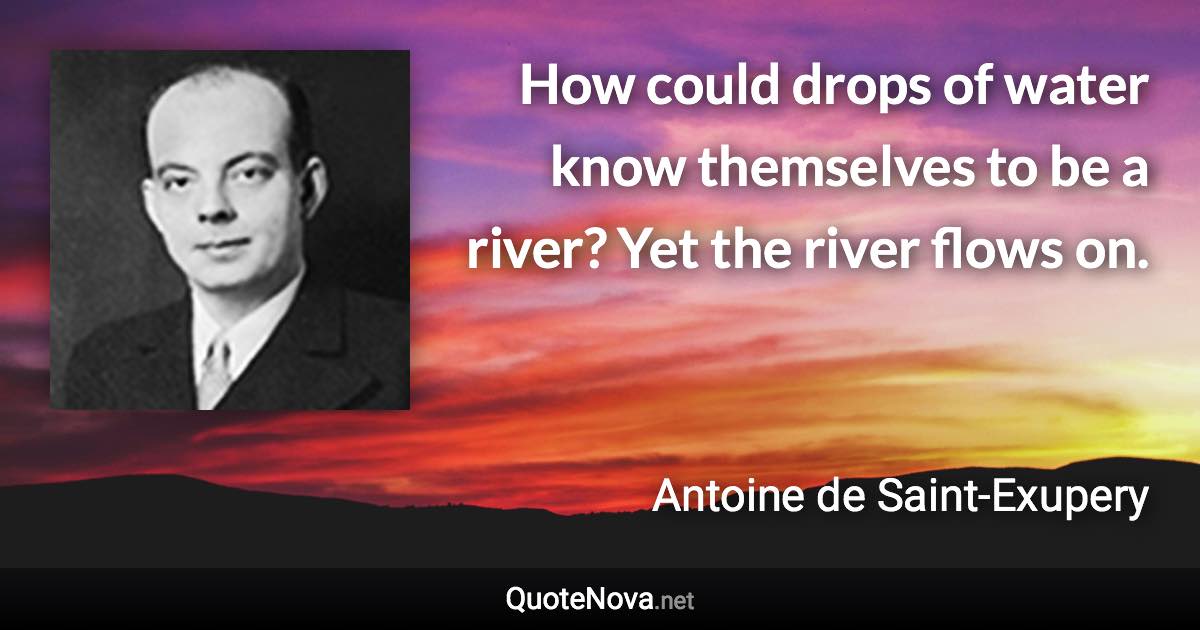 How could drops of water know themselves to be a river? Yet the river flows on. - Antoine de Saint-Exupery quote