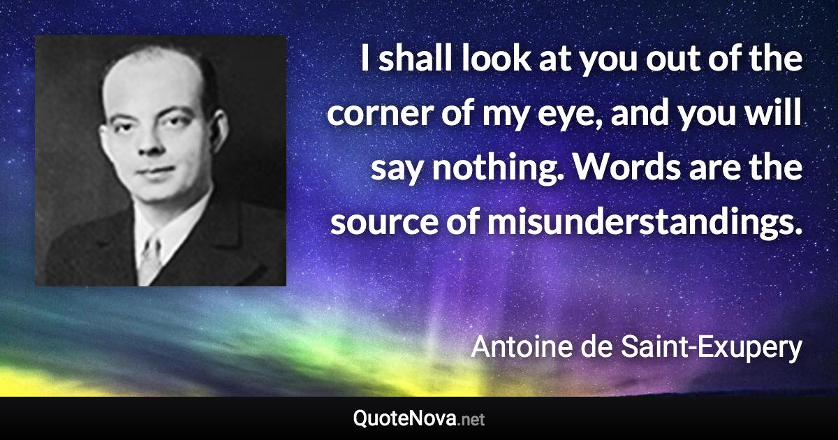 I shall look at you out of the corner of my eye, and you will say nothing. Words are the source of misunderstandings. - Antoine de Saint-Exupery quote