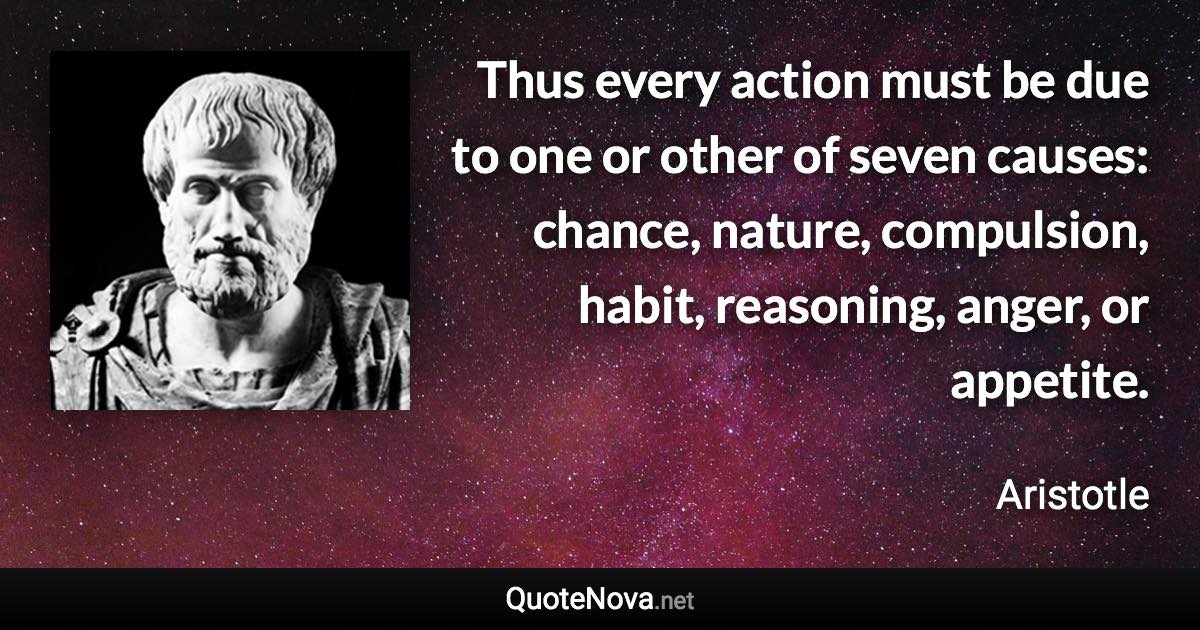 Thus every action must be due to one or other of seven causes: chance, nature, compulsion, habit, reasoning, anger, or appetite. - Aristotle quote