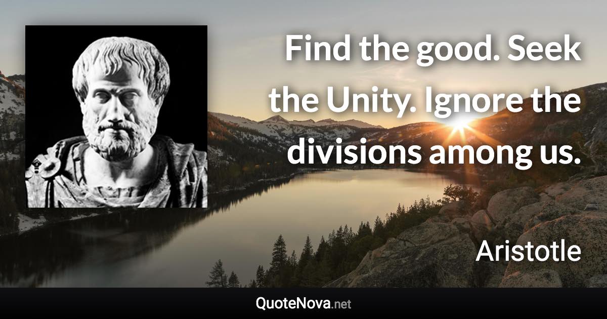 Find the good. Seek the Unity. Ignore the divisions among us. - Aristotle quote