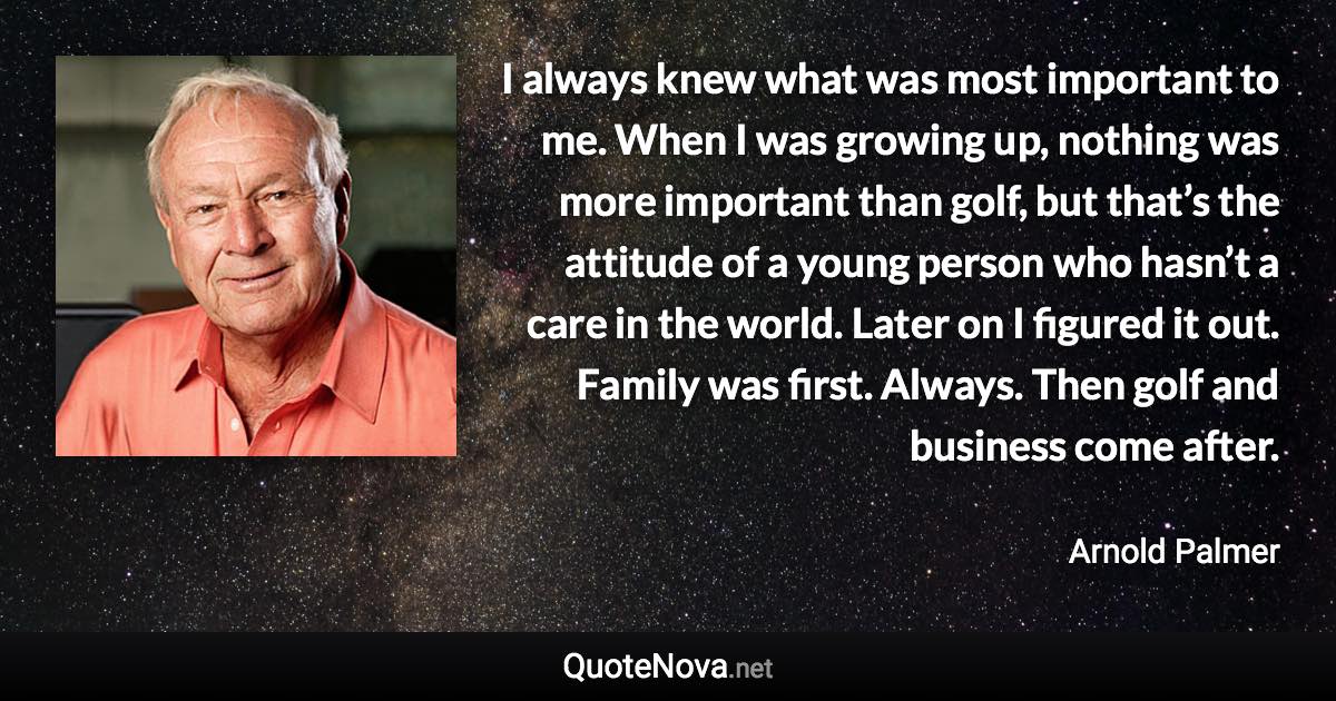 I always knew what was most important to me. When I was growing up, nothing was more important than golf, but that’s the attitude of a young person who hasn’t a care in the world. Later on I figured it out. Family was first. Always. Then golf and business come after. - Arnold Palmer quote