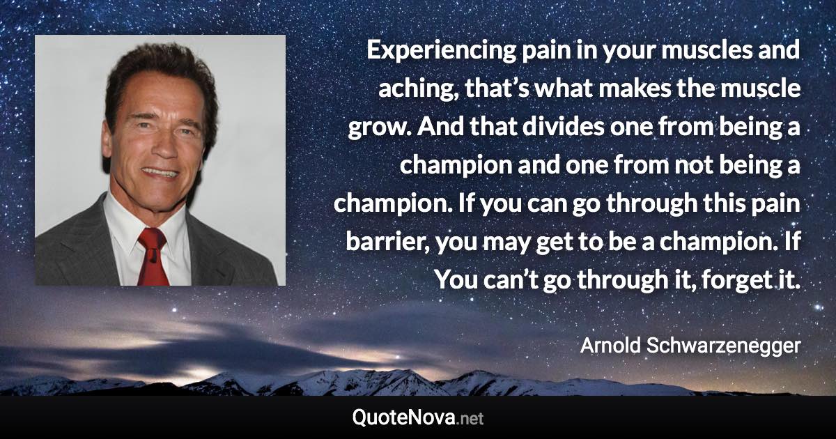 Experiencing pain in your muscles and aching, that’s what makes the muscle grow. And that divides one from being a champion and one from not being a champion. If you can go through this pain barrier, you may get to be a champion. If You can’t go through it, forget it. - Arnold Schwarzenegger quote