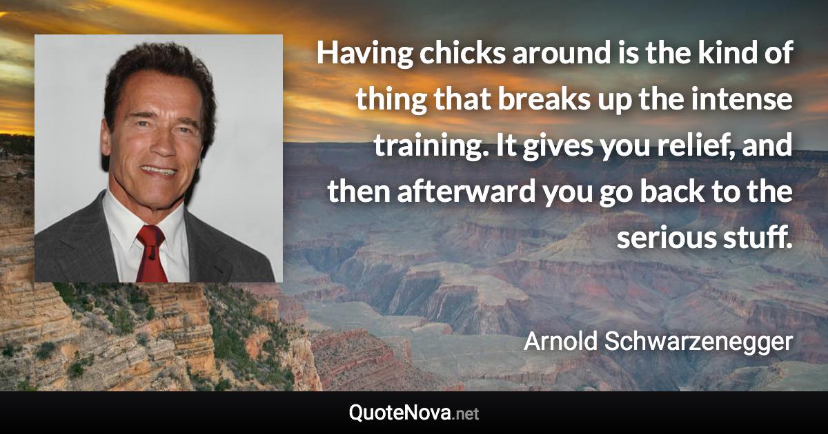 Having chicks around is the kind of thing that breaks up the intense training. It gives you relief, and then afterward you go back to the serious stuff. - Arnold Schwarzenegger quote